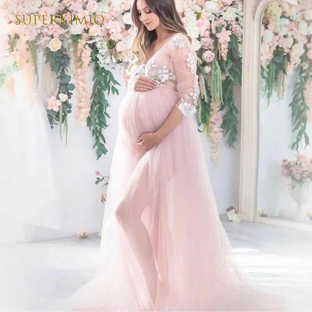 

SuperKimJo Plus Size Pink Prom Dresses Long Sleeve V Neck Lace Applique Elegant Tulle Maternity Prom Gown Vestidos Elegantes
