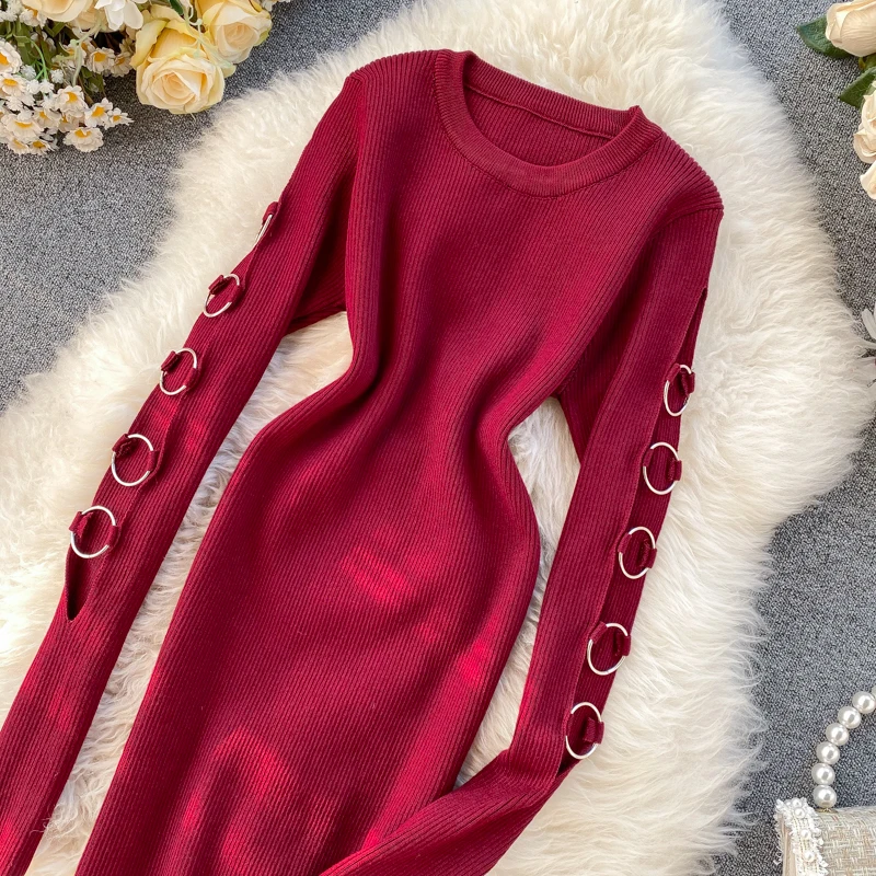 HISUMA весна-осень новинка женское вязаное платье-футляр с круглым вырезом и