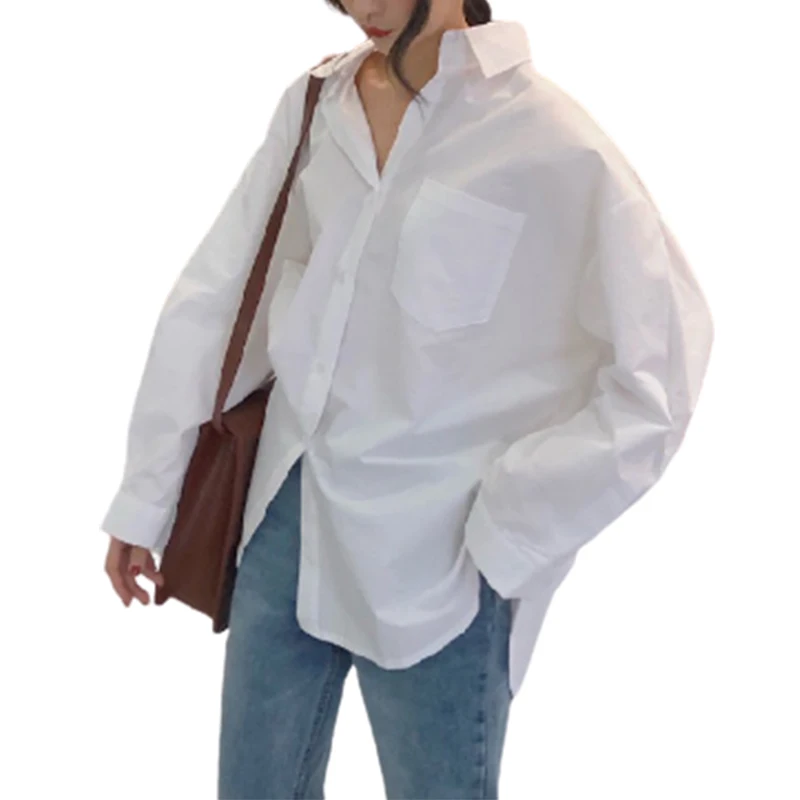 

Long Sleeve Women Shirts White Plain Loose Oversized Blouses 2021 Spring Autumn Female Tops Loose Bf Korean Style Blusas Pockets