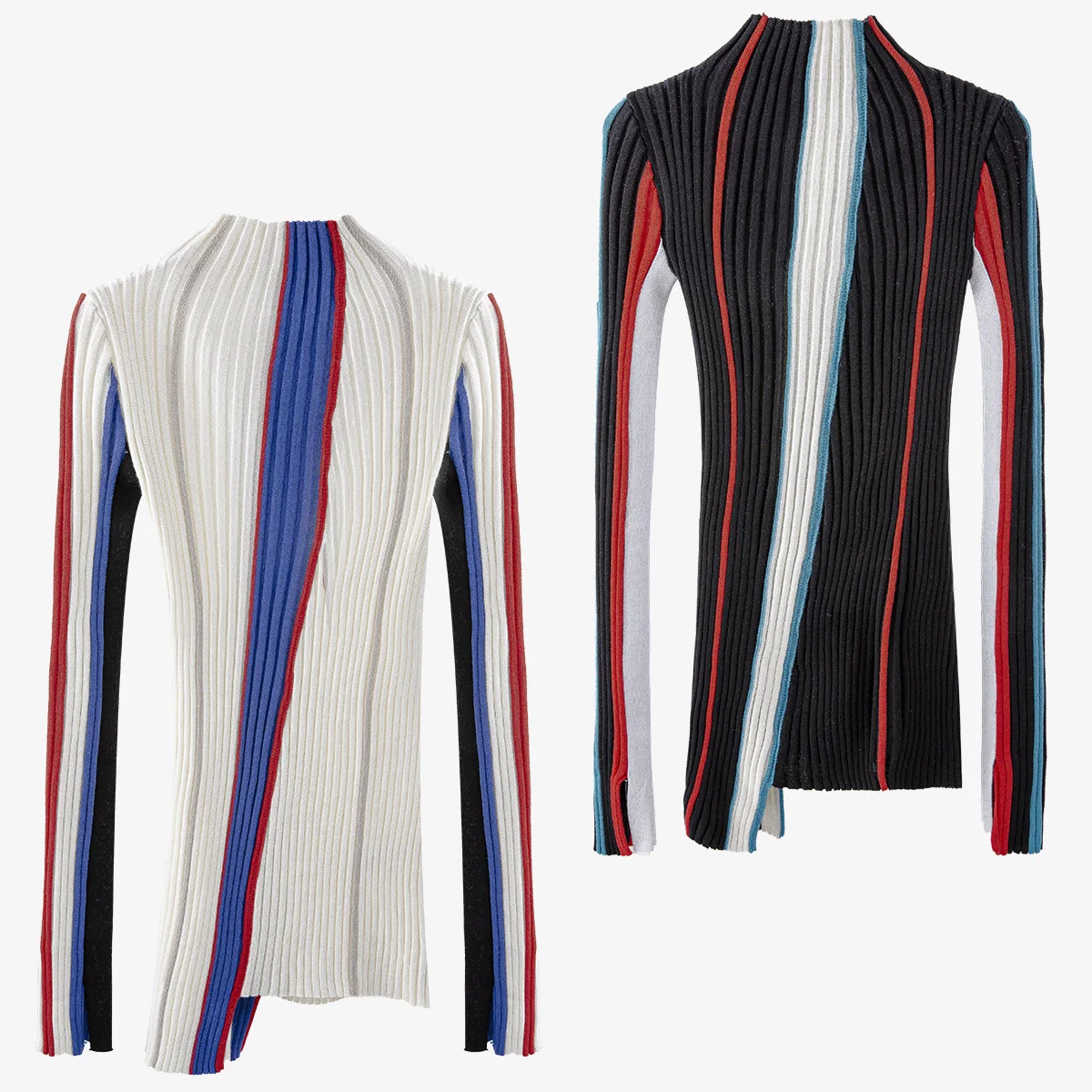 

Womens Spring Sweaters 2021 Half High Collar Contrast Stripe Asymmetric Hem Elastic Slim New Knitted Top Sweater