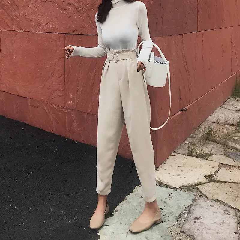 Модные шикарные Прямые повседневные брюки HziriP с тонкой текстурой и высокой