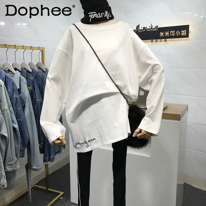 

2021 Spring New Korean Style Embroidered Tshirt Solid Color Pullover T-shirt Women's Loose Fashion BF Student Underwear Top