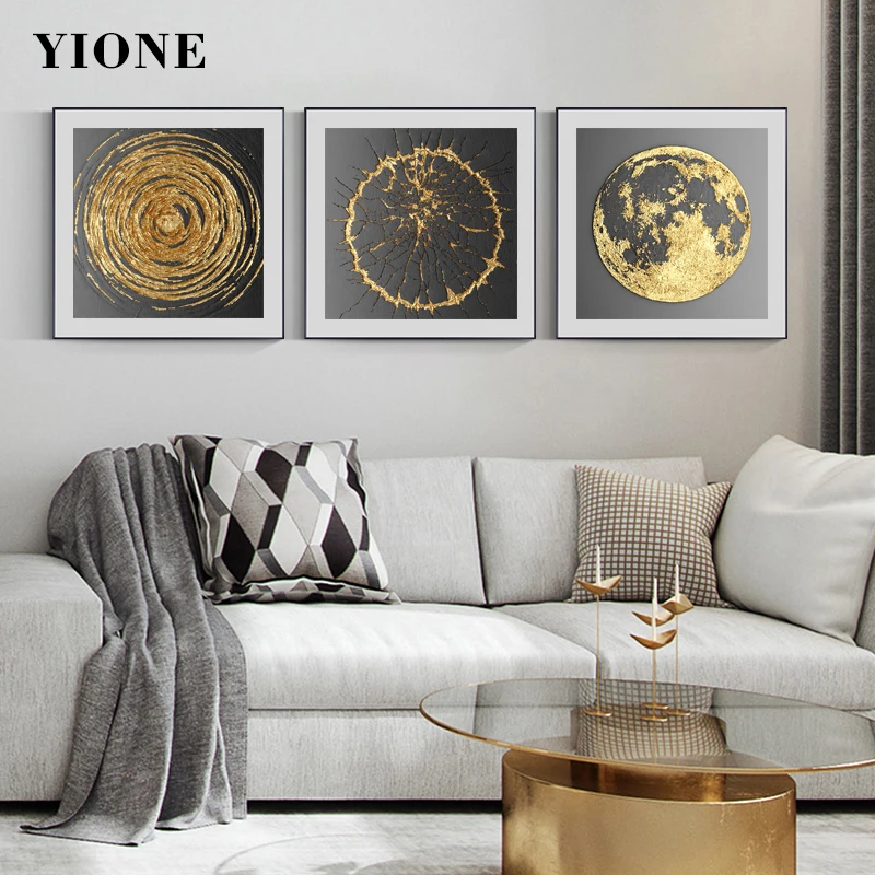 

Abstract Black Gold Canvas Paintings Modern Luxury Round Line Crack Moon Granule Texture Pictures Wall Art Posters and Prints