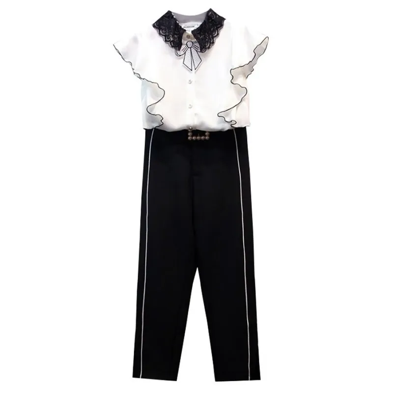 

Summer Set Elegant Ruffle White Shirts Fashion Office Lady Two Piece Single Breasted Chiffon Tops And Black Straight Pants Set