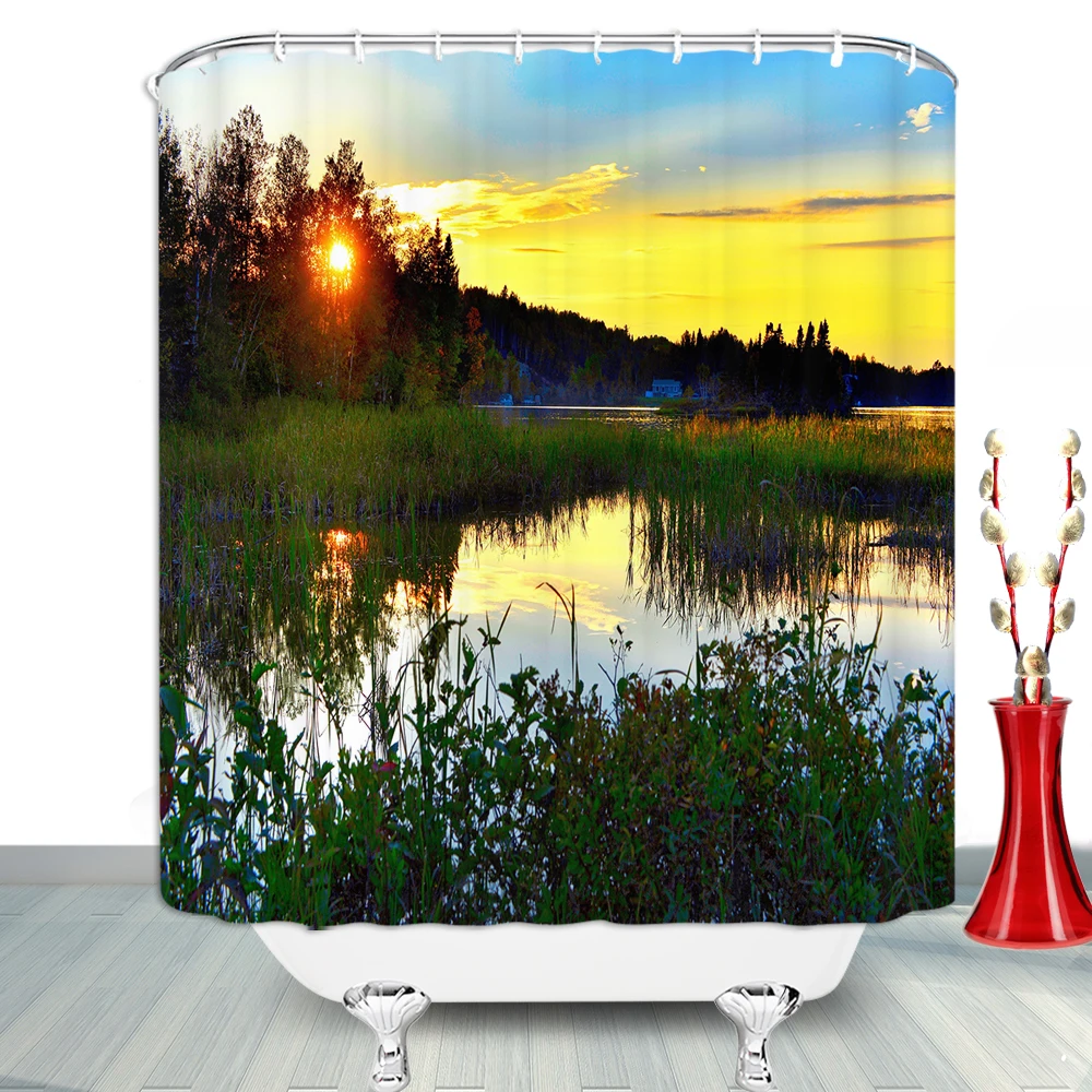 

Sunshine Ocean Grass Trees Field Scenery Shower Curtains Natural Landscape Bathroom Curtain Home Toilet Decor Bathroom Products