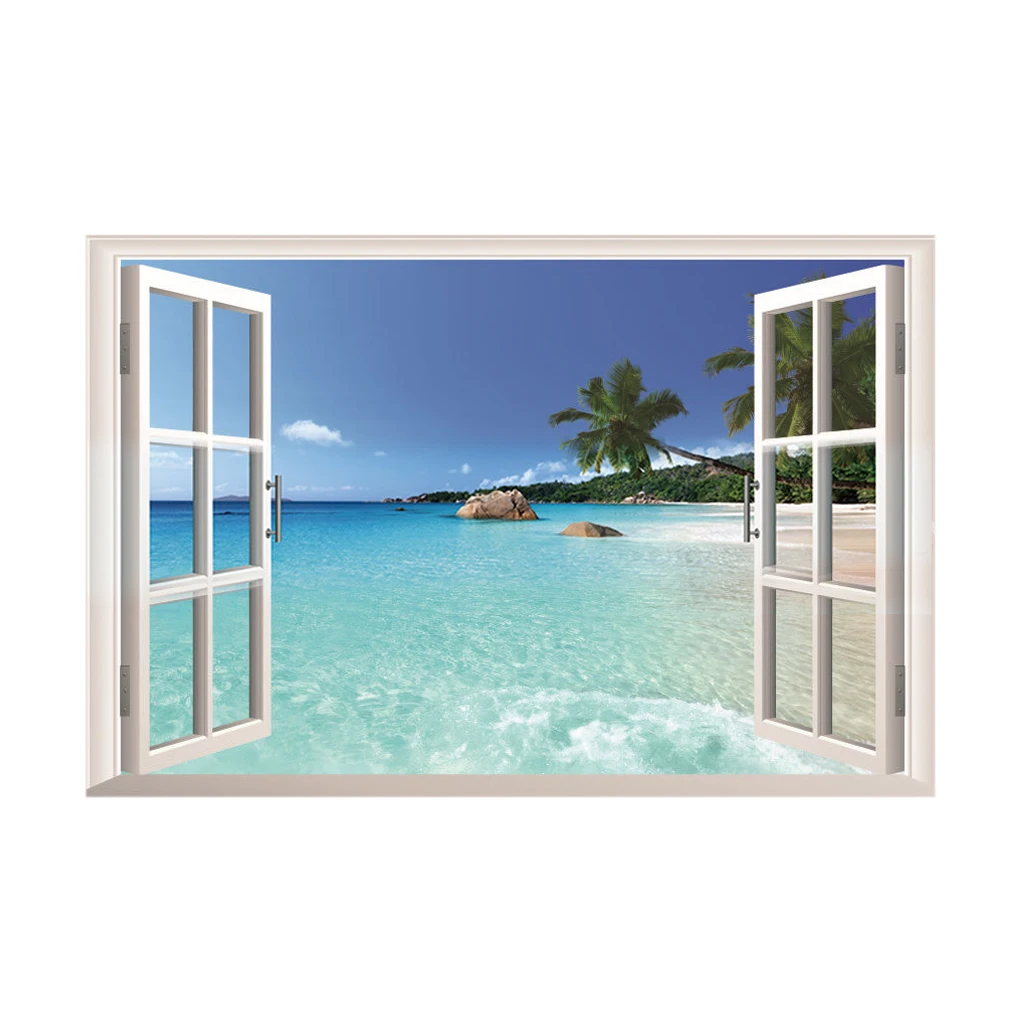 

1 шт. пляжная обои Декор окна 3D принт вид на пляж морской пейзаж на стену Стикеры для художественного оформления Настенная Наклейка обои Дек...