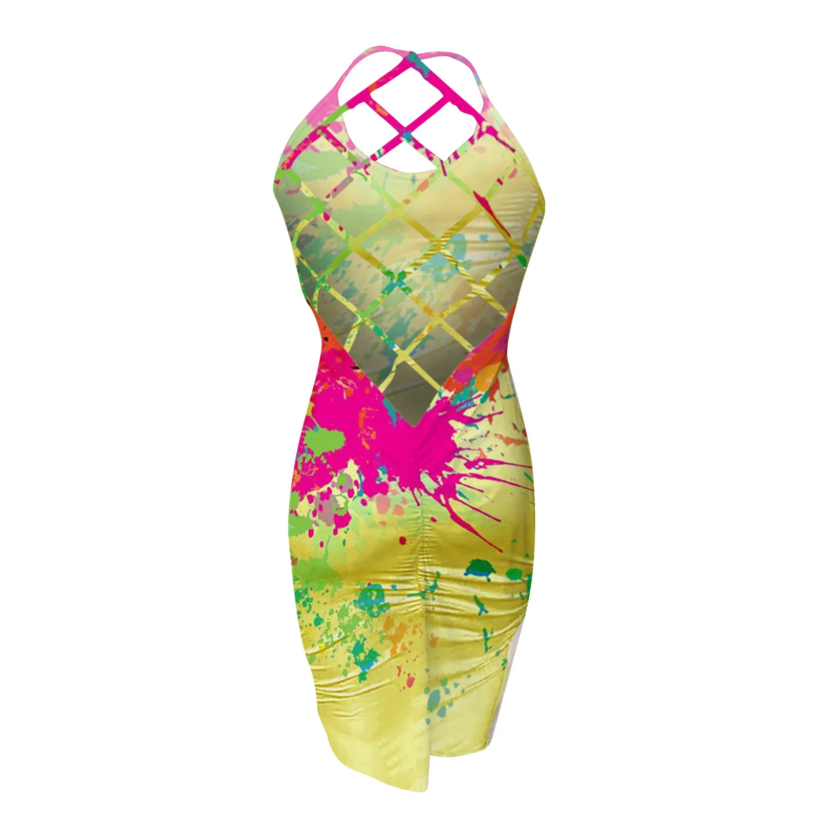 

News Women Fashion Summer Dress 2021 Print Color Halter Fishnet Round Neck Dress Sexy Long Party Dresses