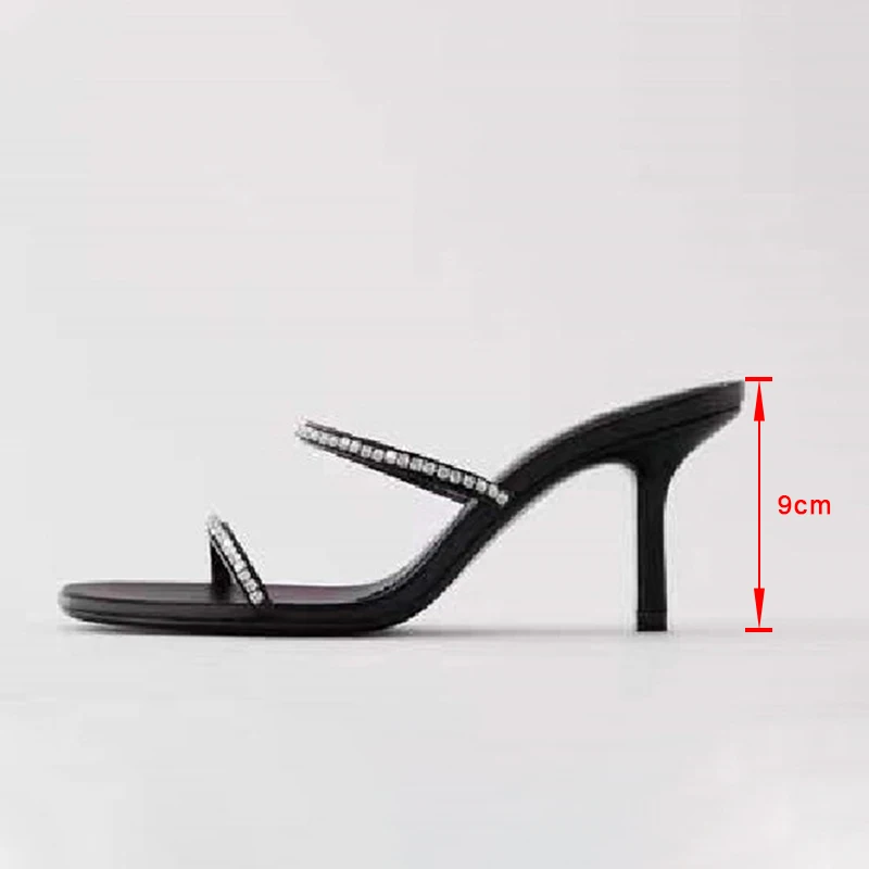 

Women Slippers Rhinestone Square Toe Women's Thin Heel Slides casual Female Sandals Elegant Outsides 2021 New Summer Hot