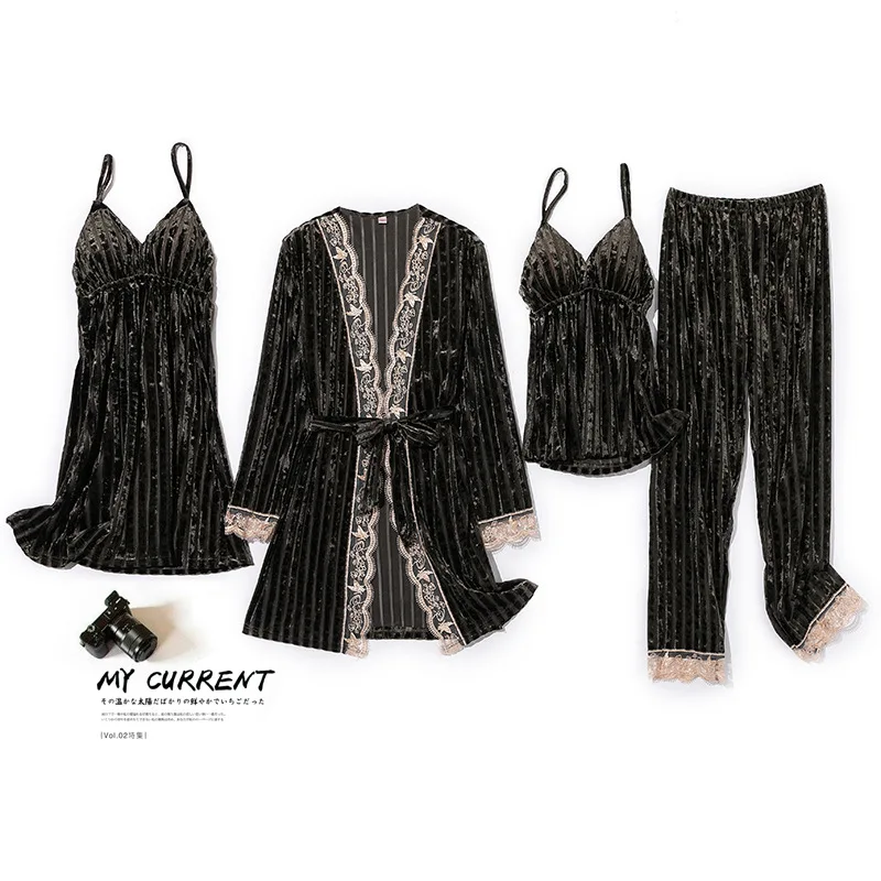 

Velour Sleepwear Nightwear Autumn Winter Sleep Set Bathrobe Casual Nightwear Lady 4PCS Pajamas Set Sexy Velvet Pyjamas Homewear