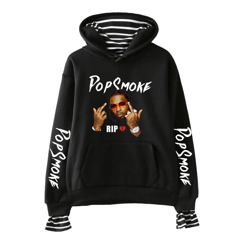 

RIP Hip Hop Rapper Pop Smoke Men Hoodies Sweatshirts Striped Patchwork Fake Two Piece Pullover Hooded Jacket Casual Sportwear