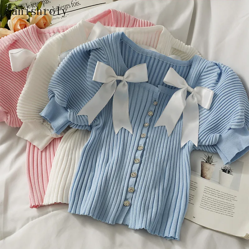 

2021 Summer Women O-Neck Slim Sweater Sweet Bow Single-breasted Knitted Pullovers Female Puff Sleeve Knitwear Jumpers Short Tops