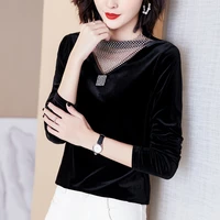 vintage womens blouse golden velvet thickened tops for women patchwork hollow out clothes black female long sleeve basic blouse