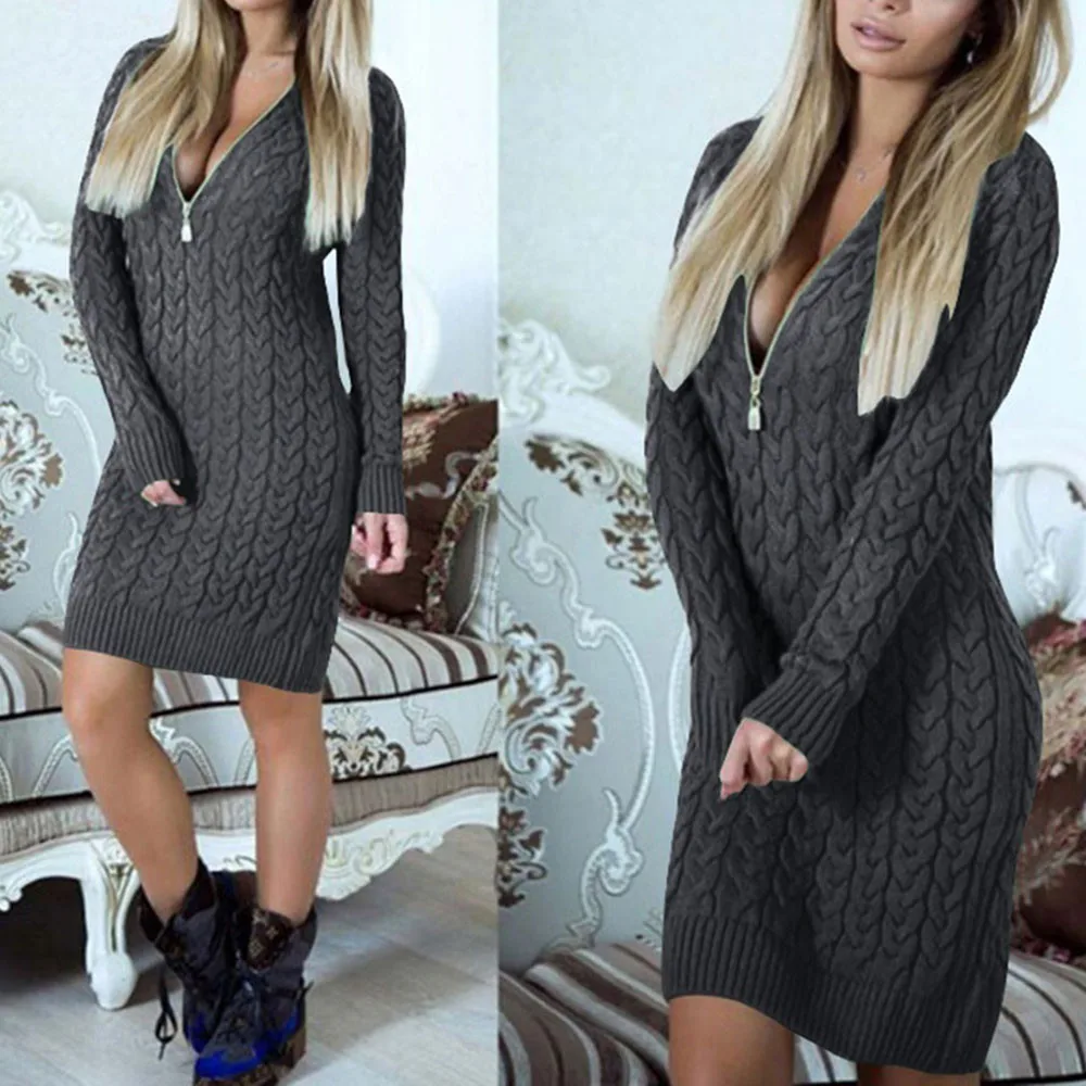Модное мини платье свитер на молнии Осень зима 2019 сексуальные вязаные платья с V