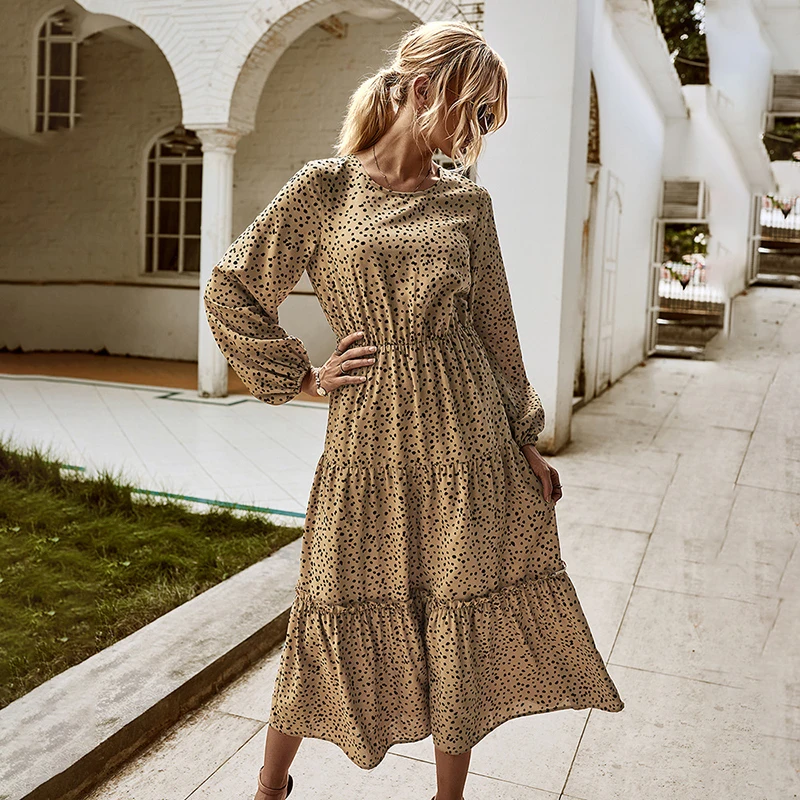 

Women Spring Dress Fashion Polka Dot Dress Long Sleeve O Neck Ruffle Female Casual Yellow Dress Big Size Loose Party Robe