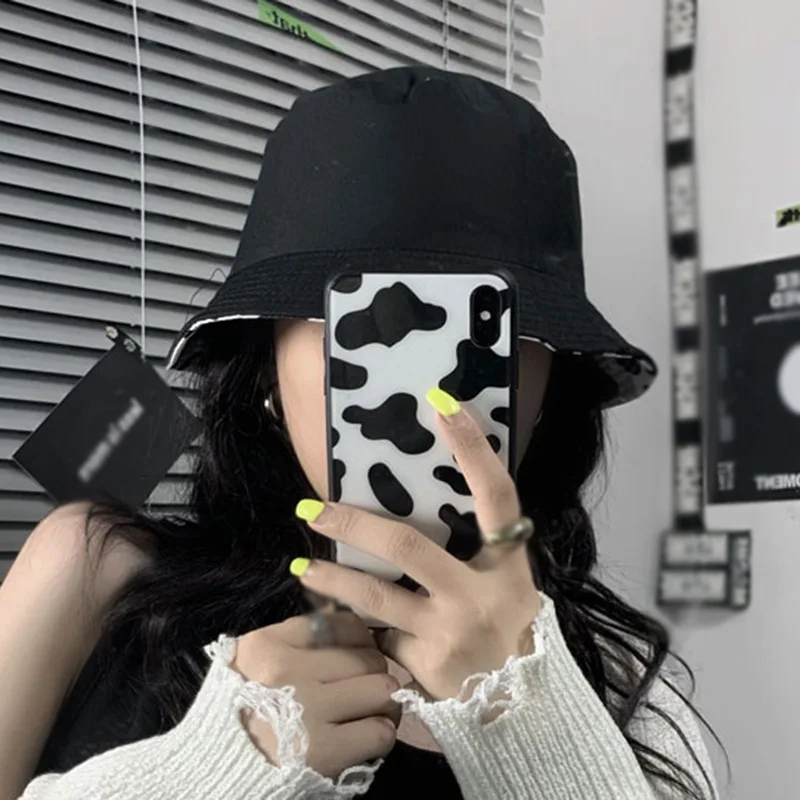 

Japanese Niche Cute Cow Pattern Fisherman Hat Female Wild Double-sided Sunshade Hat Bucket Hats