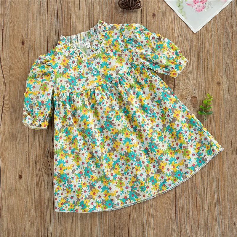 

Little Girls Summer Breathable Dress, Toddlers Creative Floral Printing Stand Collar Front Button Short Sleeve Princess Dress