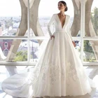 Высококачественные атласные свадебные платья с длинным рукавом 2021, кружевное бальное платье, платье для невесты, романтичное женское Короткое платье на пуговицах с V-образным вырезом