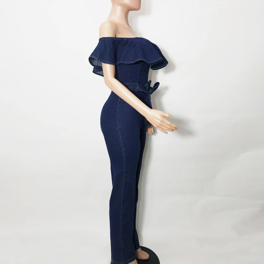 

Fashion Sexy Off Shoulder Wide Leg Denim Jumpsuit Blue Long Pants Trousers Jumpsuit Sleeveless Autumn Women Jumpsuit Belted Clot