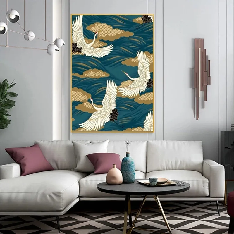 Китайский Стиль крана и облака Арт холст абстрактная живопись плакаты с птицами
