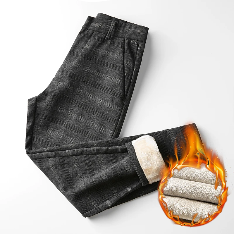 

Winter New Men's Warm Casual Plaid Pants Business Fashion Slim Fit Stretch Thicken Trousers Male Brand Black Gray Pants 28-40