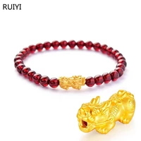 ruiyi pure 24k 999 gold pixiu bracelet handmade elastic cord charm bracelet with garnet beads for women fine jewelry party gifts
