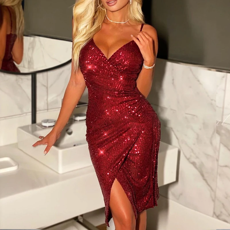 

2021 Spring Wrap V Neck Sequin Mini Dress Women Elegant Off Shoulder Straps Party Dress Summer Backless Slim Fit Bodycon Dresses