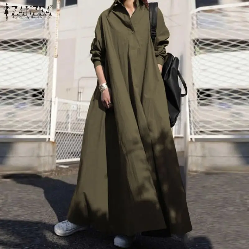 

Stylish Sundress ZANZEA Autumn Women Vintage Long Sleeve Loose Long Maxi Dress 2021 Casual Femme Robe Solid Party Vestido Kaftan