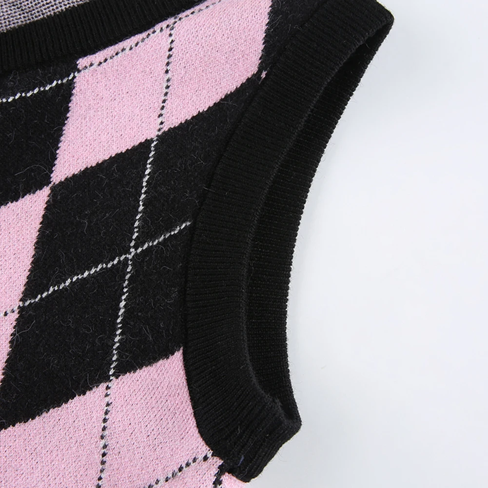 

Sweater Vest Argyle Y2k Crop Tops Sweater Vest Women V Neck Vintage Sleeveless Tank Tops Plaid Knitted Vest Pullover Autumn