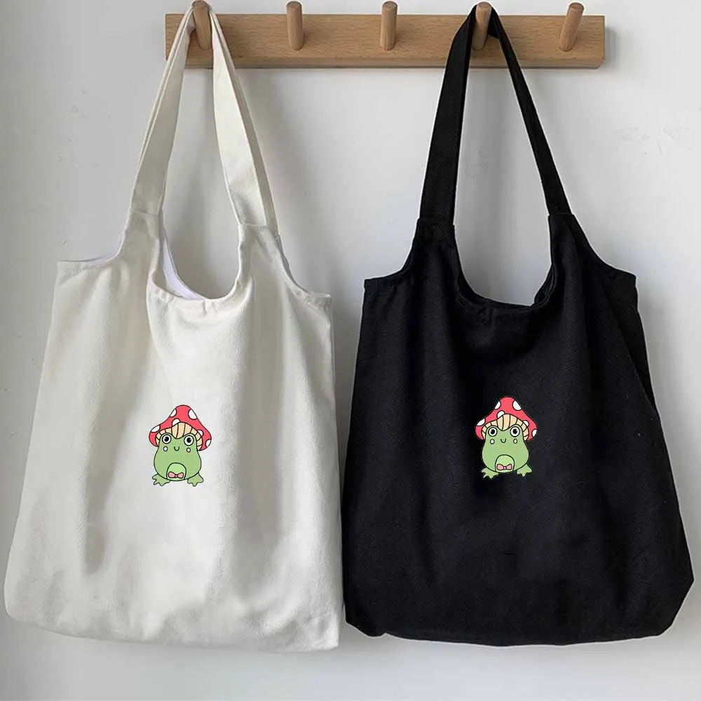 

Сумка-тоут холщовая с лягушкой, милая холщовая Сумочка на плечо для колледжа, вместительная сумка-тоут для школы, прочные сумки для покупок