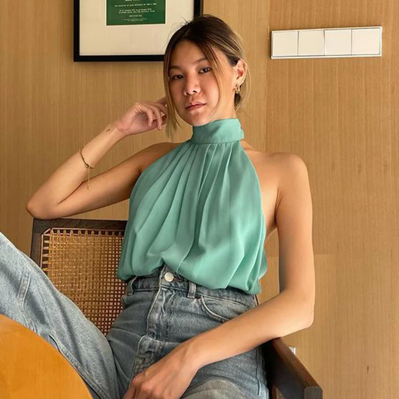 Женская шифоновая блузка с открытыми плечами открытой спиной и лямкой на шее |
