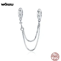 wostu 100 925 sterling silver silicon safety chain charm fit original bracelet pendant zircon silver simple jewelry cqc1419
