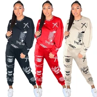 new 2 piece sets womens outfits fall winter sweatsuit letter graffiti print crop top sweatpants tracksuit wholesale dropshpping