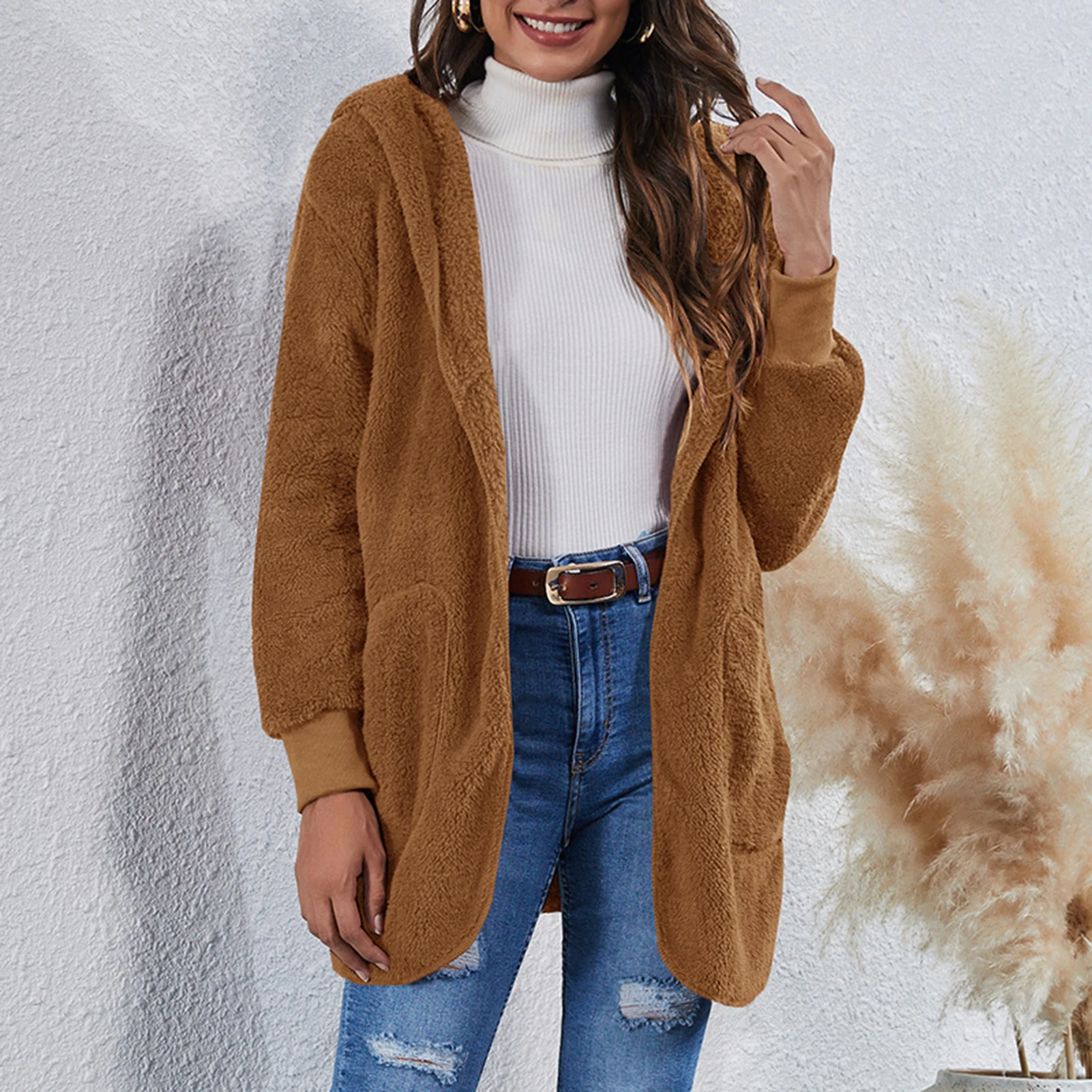 

M-5XL Faux Fur Teddy Bear Coat Jacket Women Fashion Open Stitch Winter Hooded Coat Female Long Sleeve Fuzzy Jacket 2020 Hot New