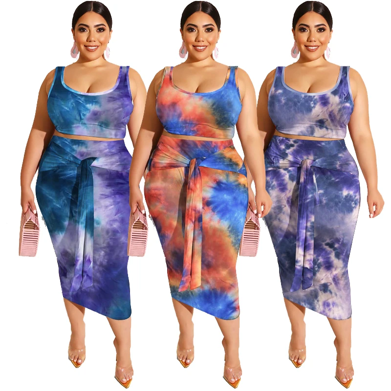

OEM ODM Loose personality two piece skirt set casual hip plus size skirt sets Tie-dye printed skinny plus size women dress