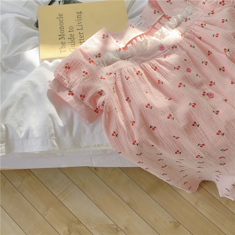 

4 color women nightgowns short sleeve summer cherry cotton gauze dress sleepwear square collar lacework girls night dresses Y769
