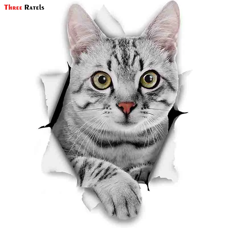 FTC-1036 Three Ratels 3D Cat Stickers Grey Tabby  for Laptop Moto Skateboard Luggage Refrigerator  Toy Sticker