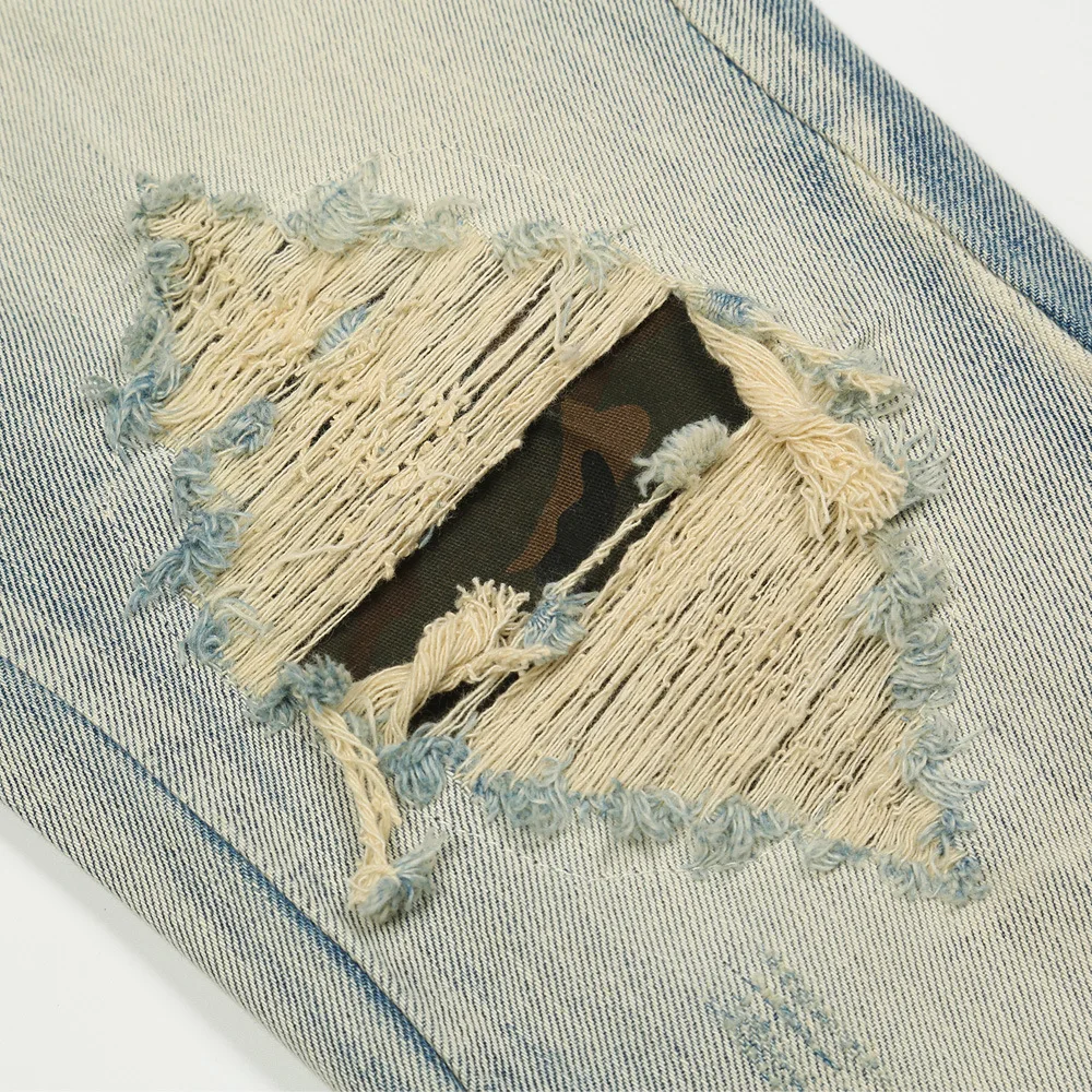 2021 New Arrival Solid Hole Ripped Patch Slim Men Jeans Pencil Pants Hip Hop Washed Retro Zipper Slits Denim Trousers Spodnie