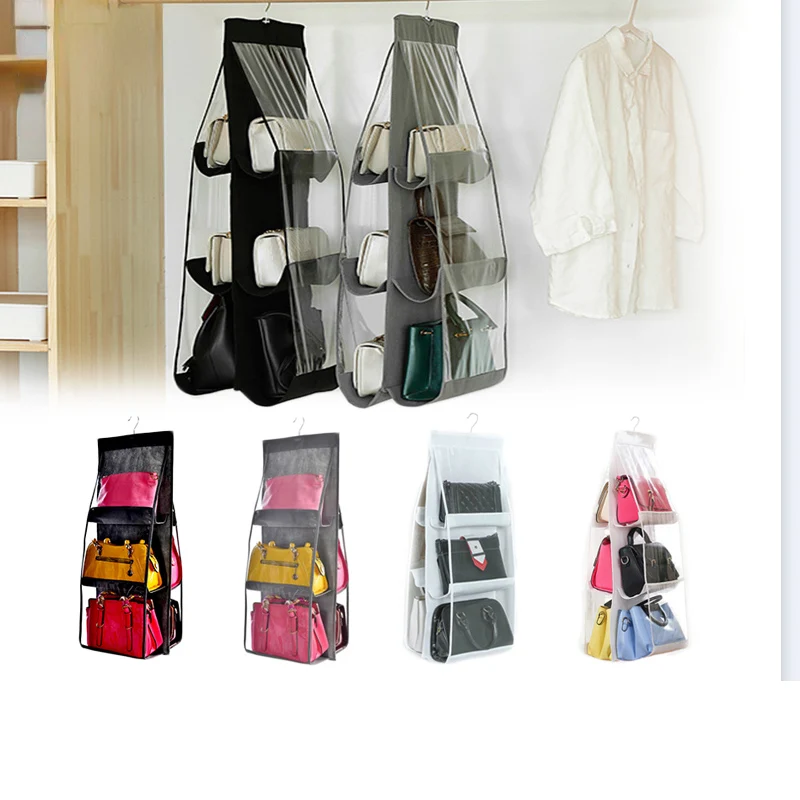 

"6 Pocket Hanging Handbag Organizer for Wardrobe Closet Transparent Storage Bag Door Wall Clear Sundry Shoe Bag with Hanger Pouc
