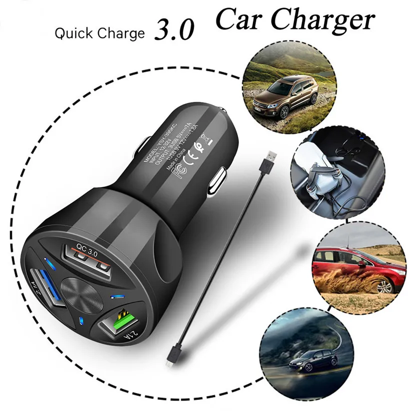 Универсальное автомобильное зарядное устройство 3A 3USB с адаптером для быстрой
