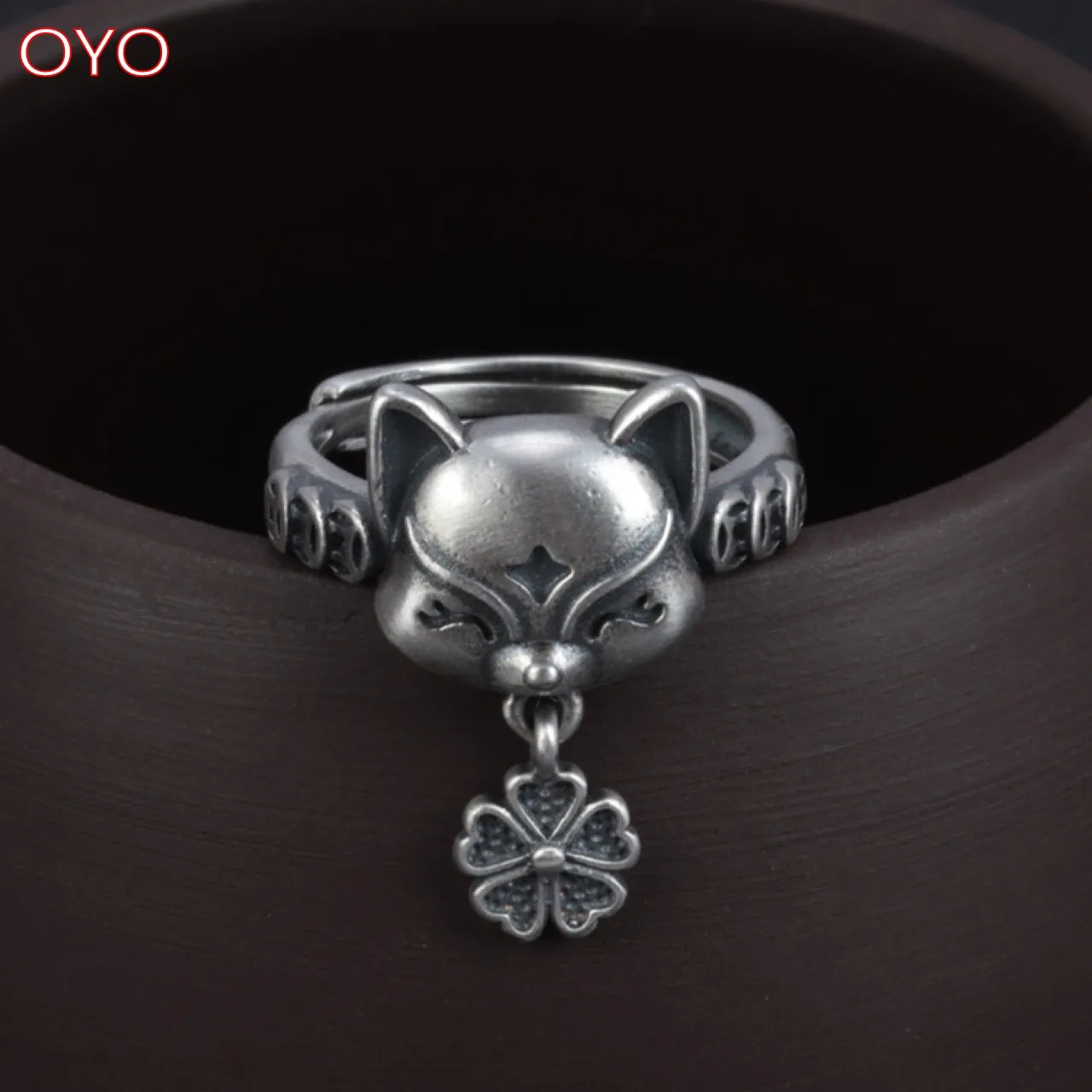 

s925 sterling silver peach blossom fox ring retro matte coin index finger ring female live mouth adjustment