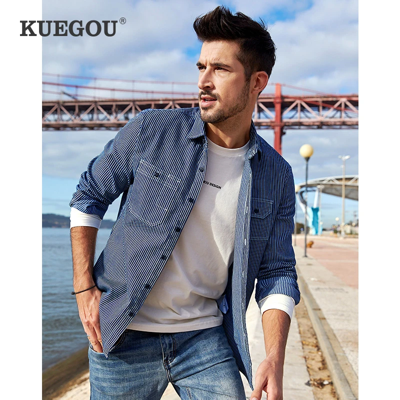 

Мужская хлопковая рубашка KUEGOU, черная Повседневная приталенная рубашка в полоску, с пуговицами и длинным рукавом, брендовая одежда, осень ...