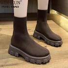 Женские вязаные ботинки, повседневные ботинки на толстой подошве, сетчатые красные короткие сапоги, большие размеры, Осень-зима 2021