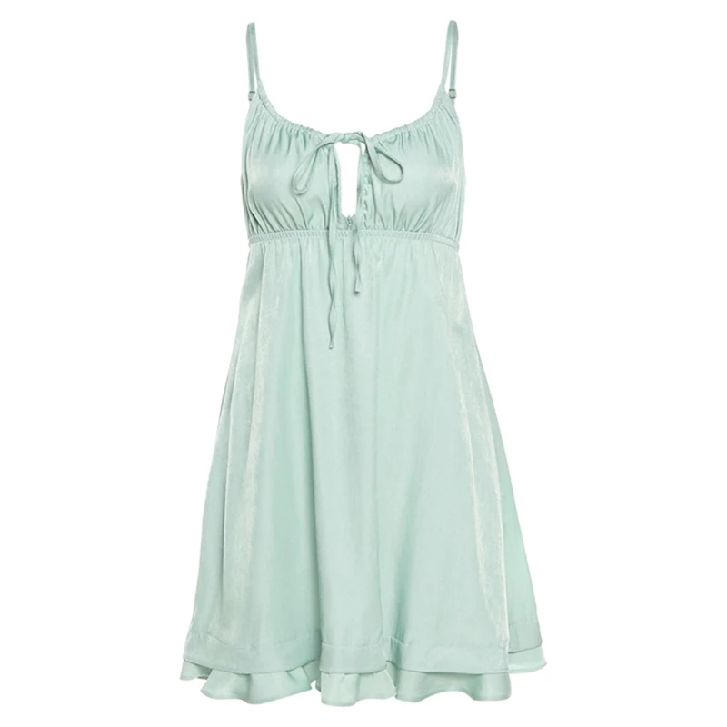 

Women Sexy Spaghetti Strap Green A-Line Short Dress Lace-Up Ruched Front Backless Ruffles Hem Flowy Beach Sling Sundress