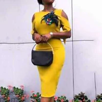 african women yellow pencil dress elegant feather diamond bodycon party midi dresses sexy cold shoulder summer office vestidos