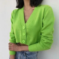 womens autumn and winter new v neck single breasted short knitted cardigan candy color cardigan coat wn