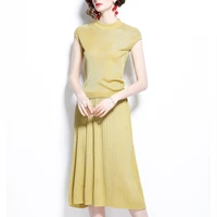 summer new knitwear skirt suits for women simple fashion solid shinny sleeveless tops and pleated long skirt knit 2 piece sets