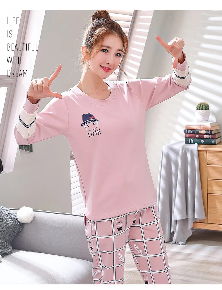 Пижамные комплекты для женщин с круглым вырезом Pijama Mujer пижама с длинным рукавом весенняя Хлопковая пижама Femme Повседневные наборы пижам комплект из двух предметов