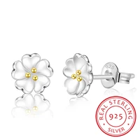 100 925 sterling silver fashion cherry blossoms flower crystal ladiescute stud earrings women jewelry birthday gift cheap