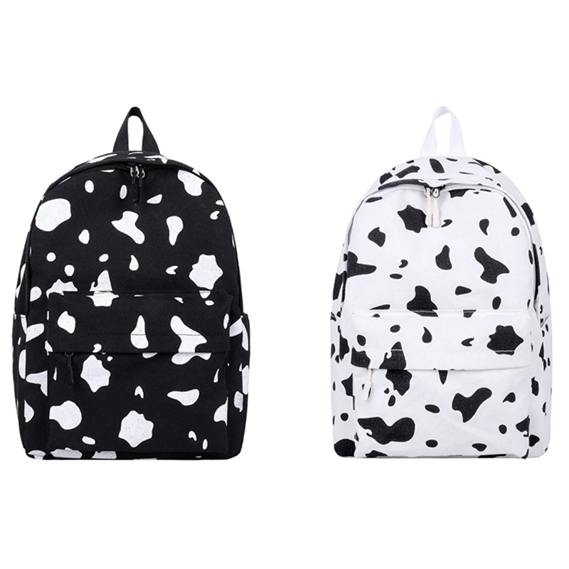 

Women Canvas Backpack Cow Milk Print Students Girls Daily Shoulder School Bag