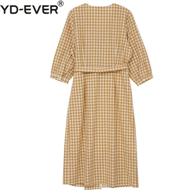 Женское платье миди в клетку винтажное из хлопка и льна с v образным вырезом Vestido